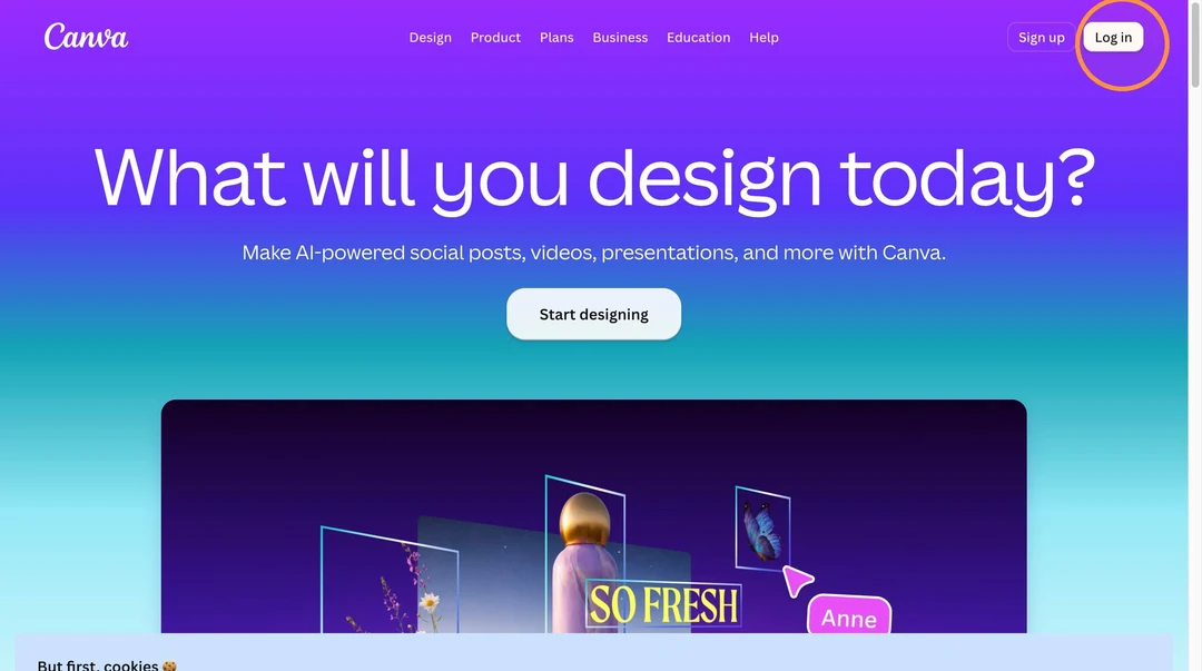 Canva homepage with the Log in button circled in the top right corner
