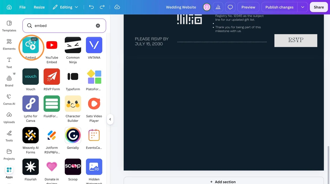 Canva Apps search results for embed with the Embed app circled