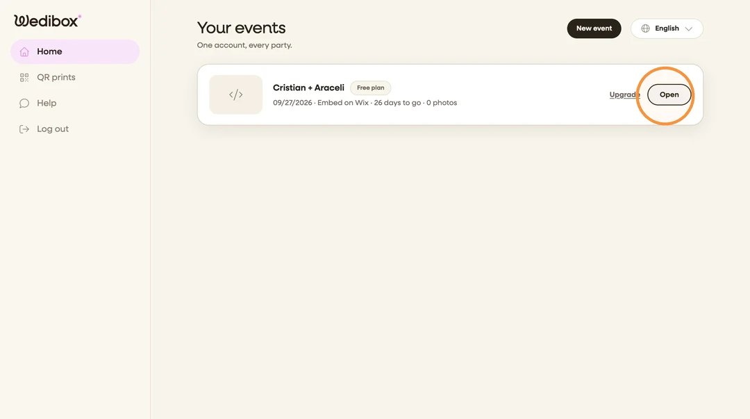 Wedibox Your events screen with the Open button circled on an event