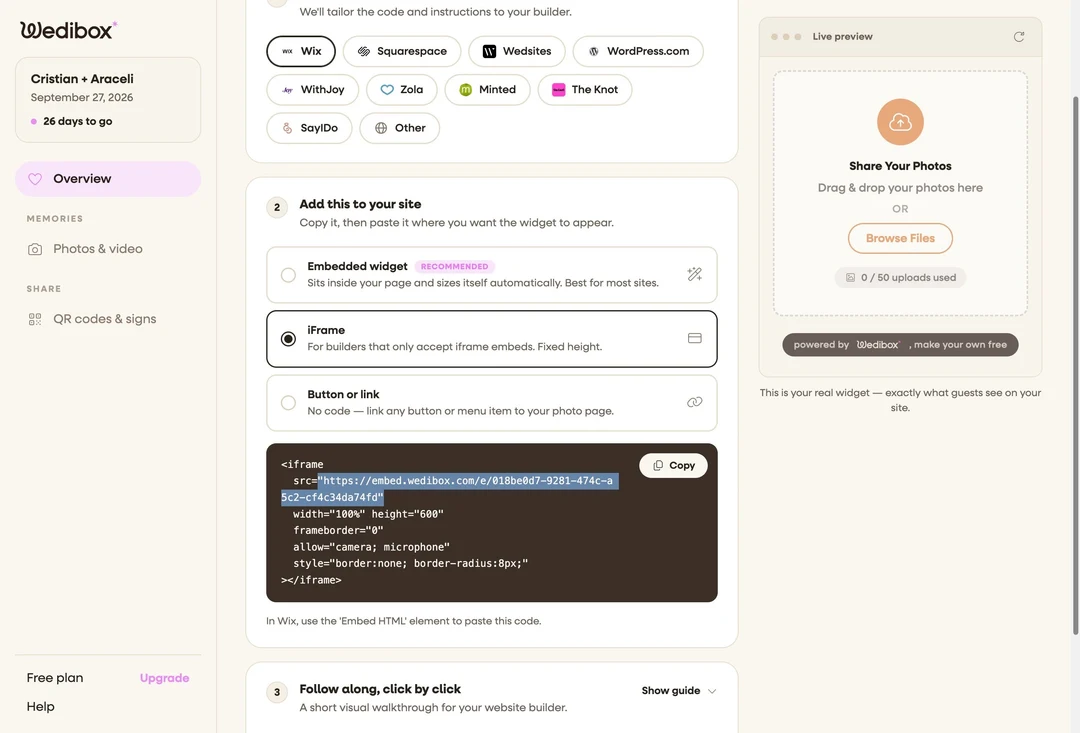 Wedibox Add to website screen with the iFrame option selected and the src address highlighted in the code box