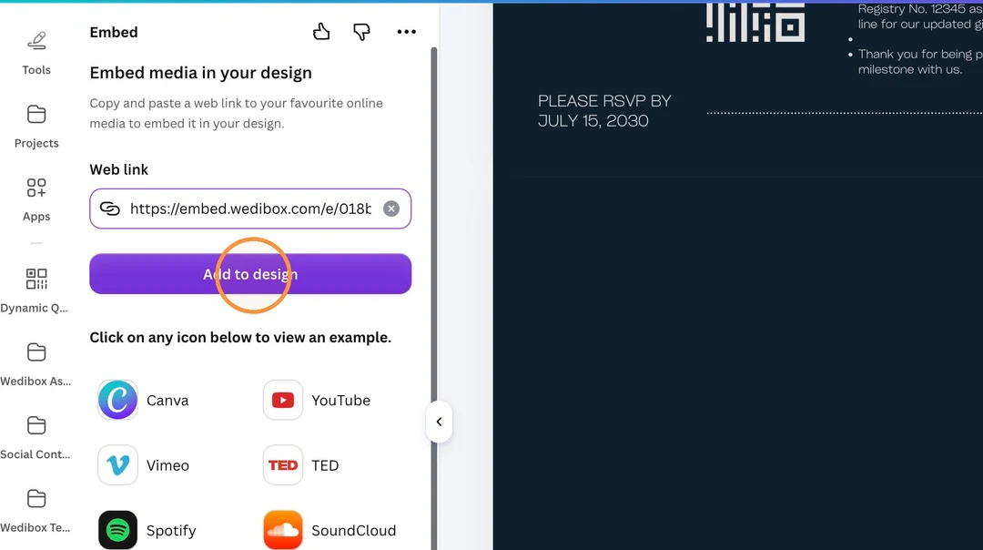 Canva Embed app with a Wedibox link in the Web link field and the Add to design button circled