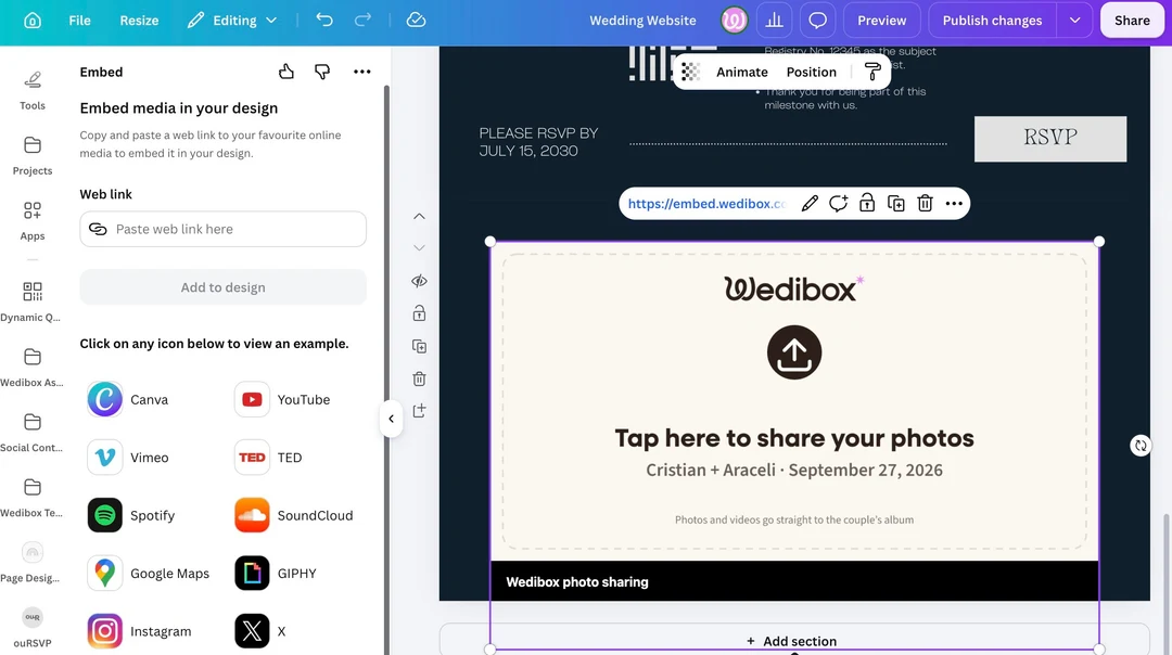 Canva editor with the Wedibox photo sharing widget placed on the wedding website page