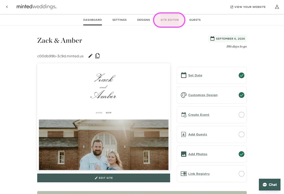 Minted wedding website dashboard for Zack and Amber with the Site Editor tab and options to set a date, customize the design, add guests, and link a registry