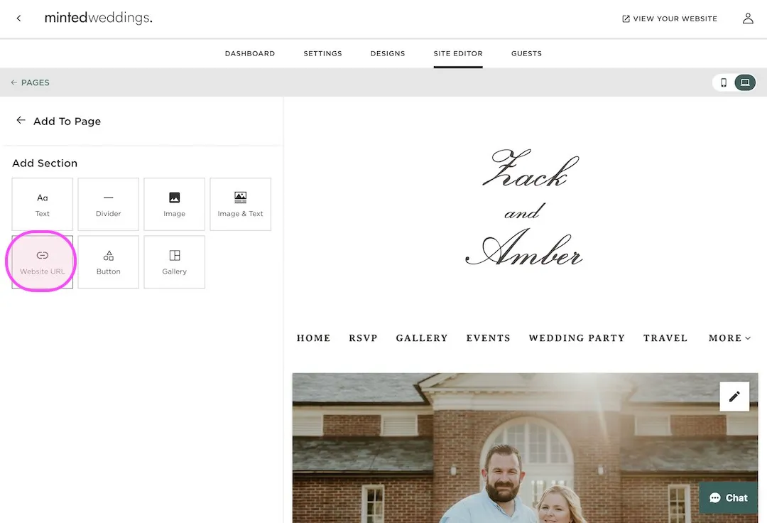 Minted site editor showing elements to add including text, image, website URL, and button, with Website URL highlighted next to a preview of the Zack and Amber wedding site