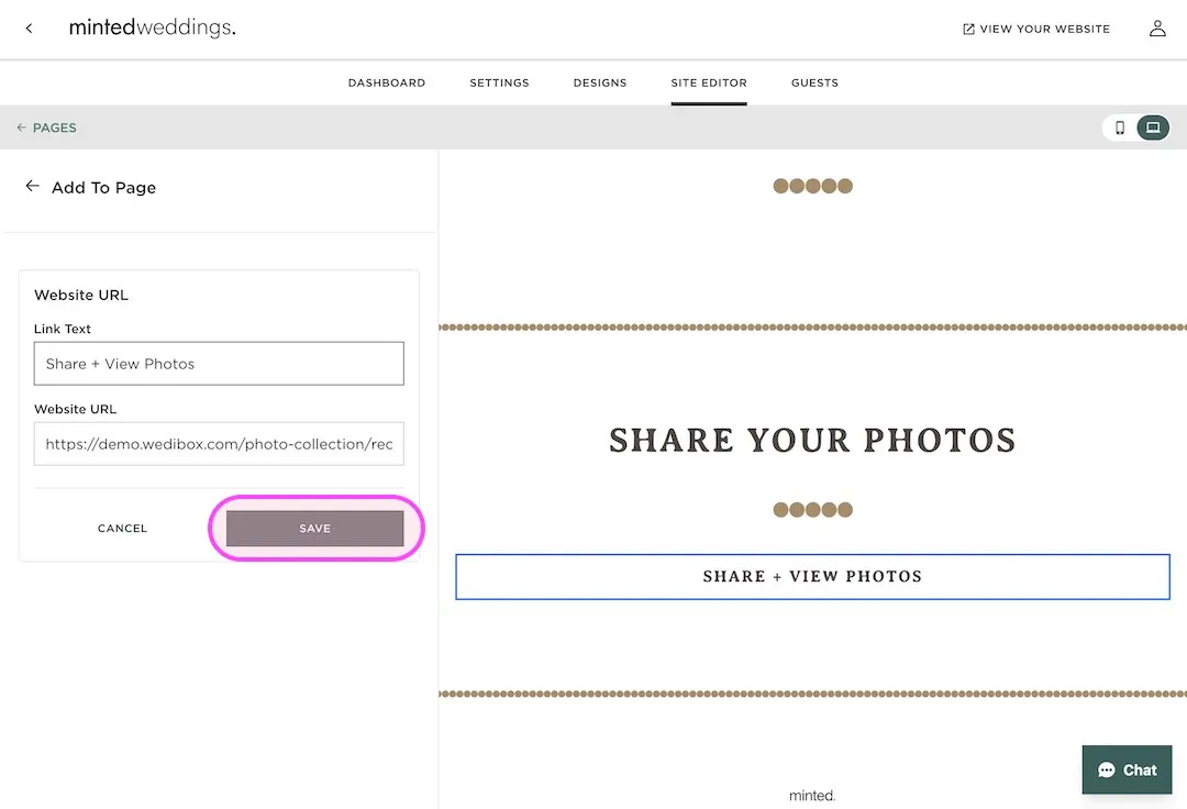 Step 6 in the Minted editor: Paste your link and save