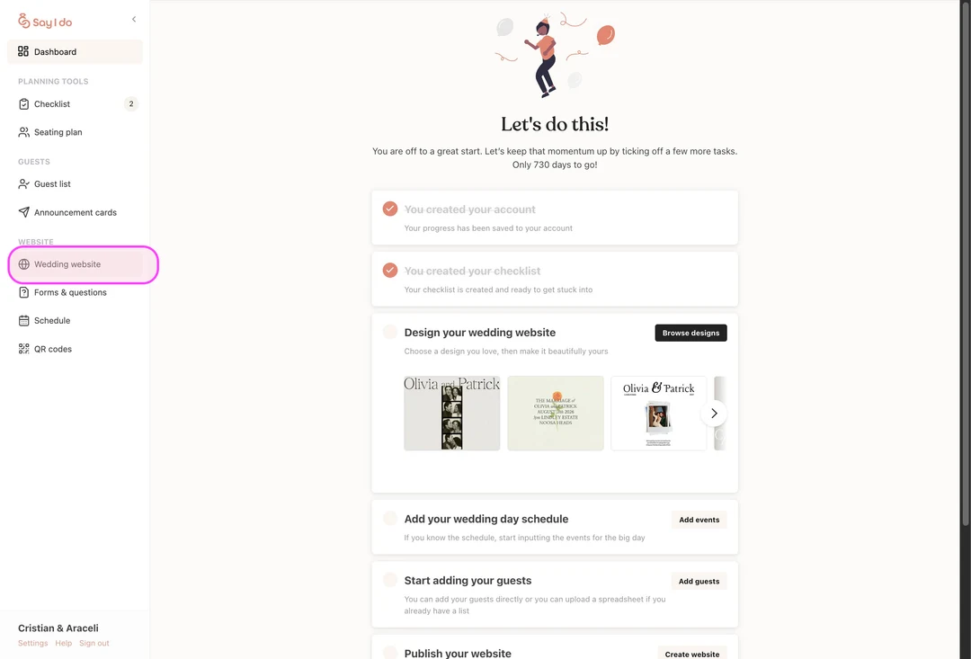 SayIDo dashboard with the Wedding website item highlighted in the planning tools sidebar