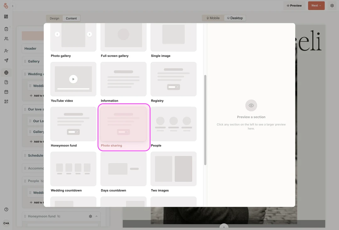 SayIDo section picker showing layout options with the Photo sharing section highlighted