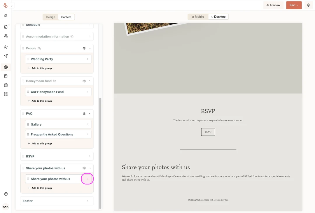 SayIDo website editor page list with the Share your photos with us section circled