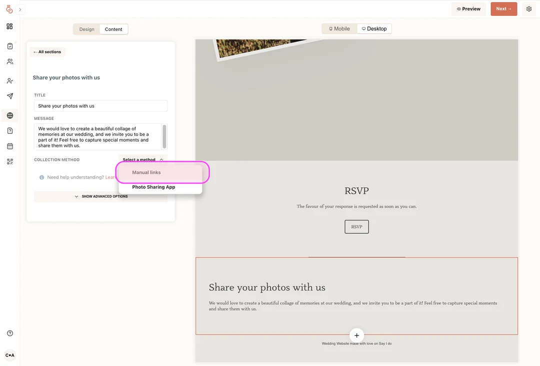 SayIDo collection method dropdown open with the Manual links option circled