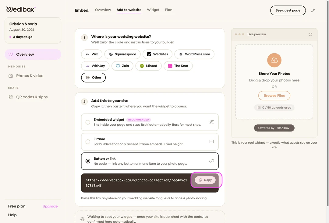 Wedibox dashboard showing the Button or link option with your photo collection link and the Copy button circled