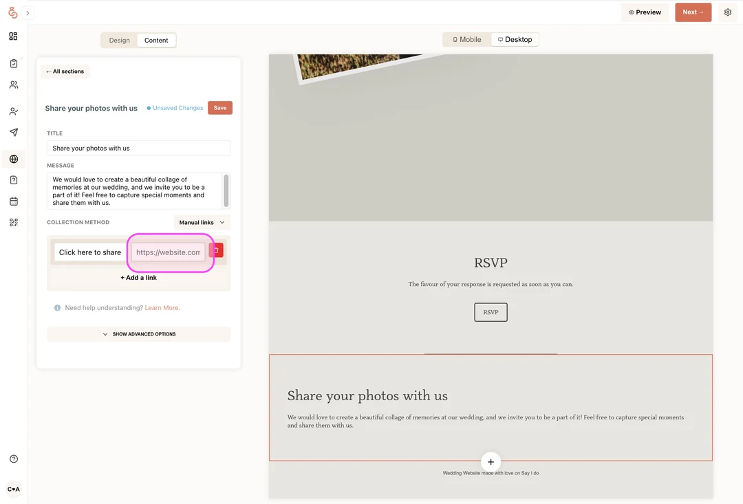 SayIDo photo sharing section settings with the Wedibox photo collection link pasted into the link field