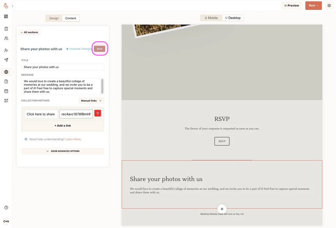 SayIDo editor with the Save button circled above the photo sharing section settings