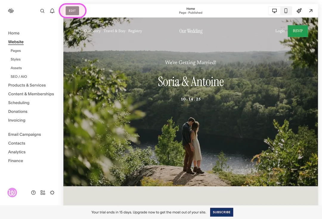 Éditeur Squarespace montrant une page de mariage avec un couple sur un rocher au-dessus d'un lac et le texte Soria and Antoine, We Are Getting Married, 10.14.25