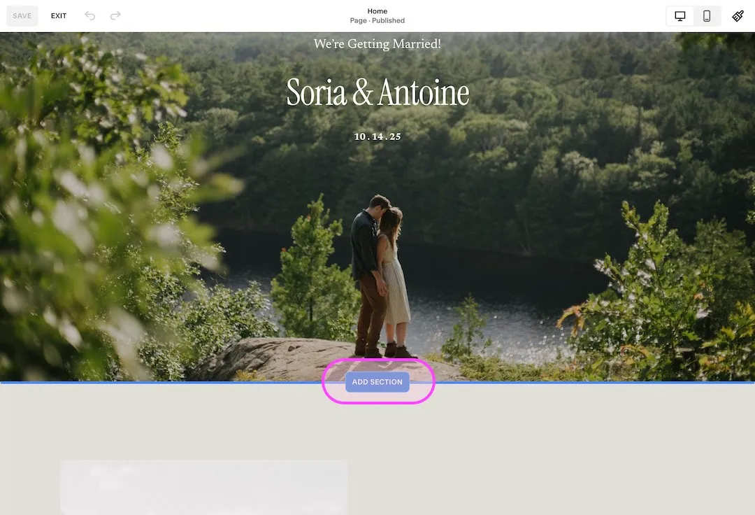 Aperçu d'une page de mariage avec un couple face à une forêt et un lac, et le bouton d'ajout de section entre deux sections