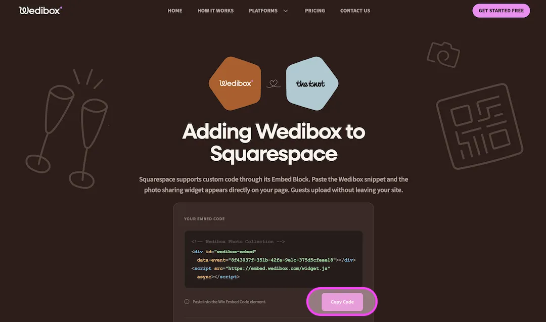 Tableau de bord Wedibox montrant votre code d'intégration Squarespace avec le bouton Copy Code en surbrillance