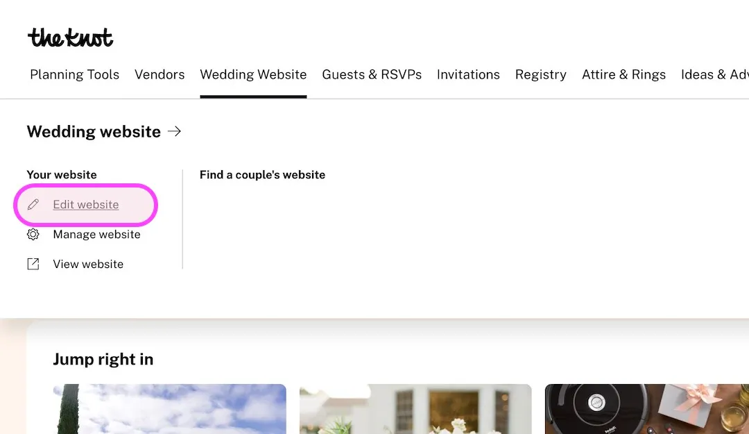 Step 2 in the The Knot editor: Click Edit Website