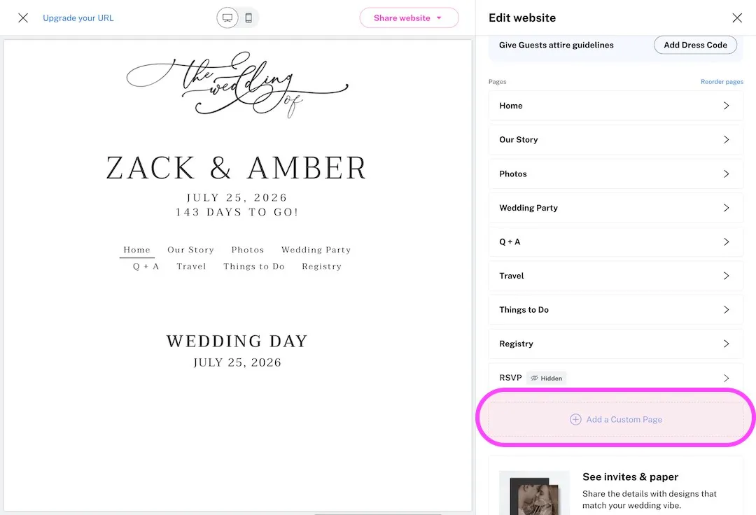 Step 3 in the The Knot editor: Click Add a Custom Page