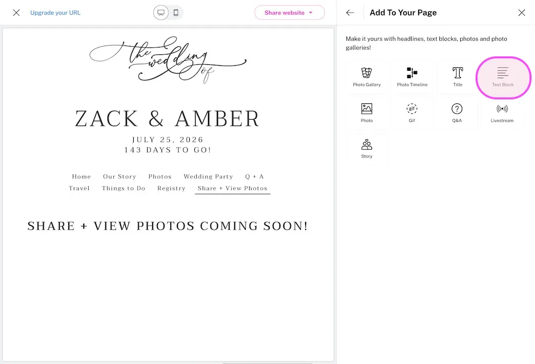 Step 5 in the The Knot editor: Open your new page and add a Text Block