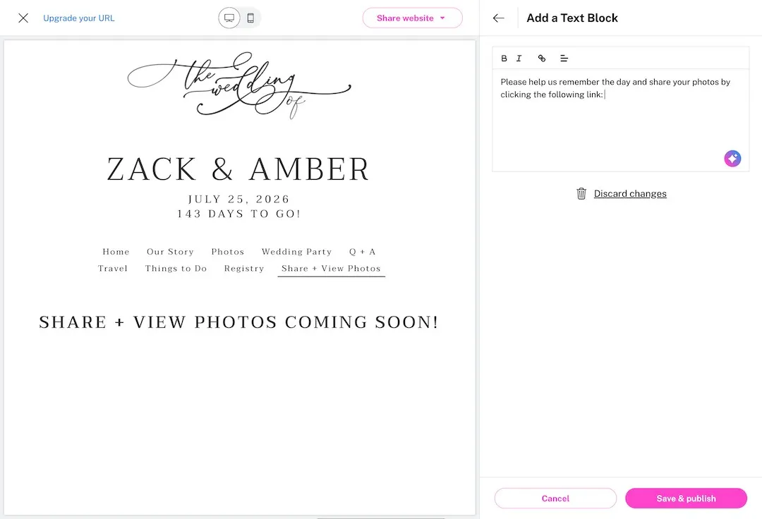 Step 6 in the The Knot editor: Write a short note to guests