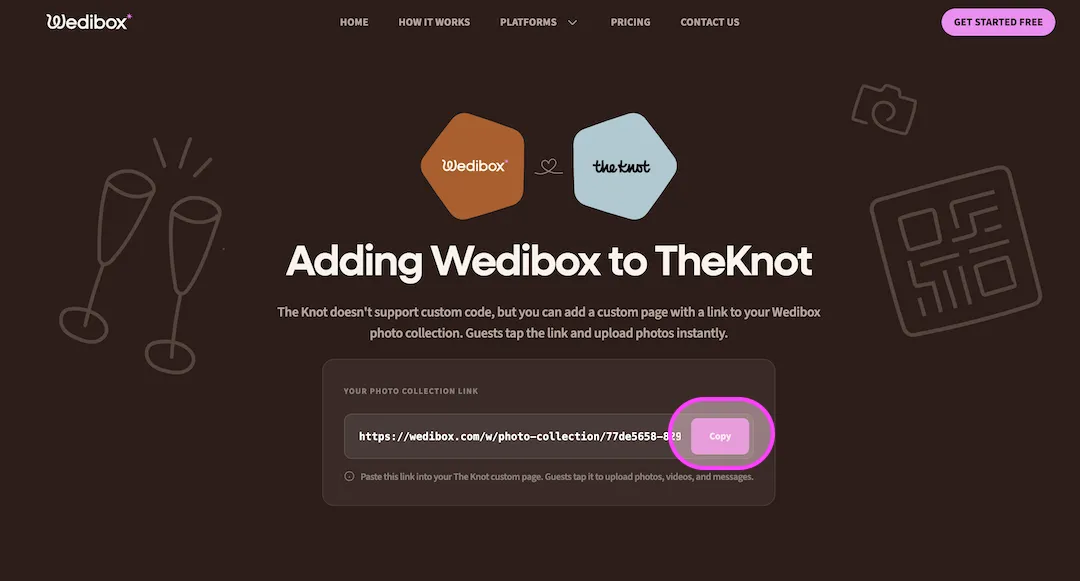 Step 7 in the The Knot editor: Copy your Wedibox link
