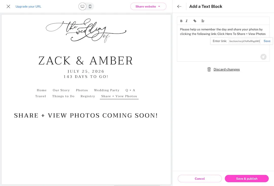 Step 8 in the The Knot editor: Add your link and publish