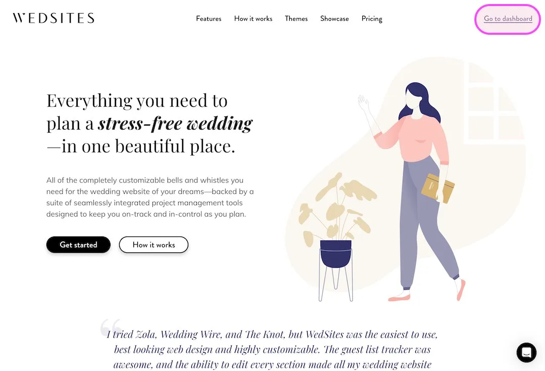 WedSites homepage about stress free wedding planning with Get Started and How It Works buttons and an illustration of a woman holding a folder