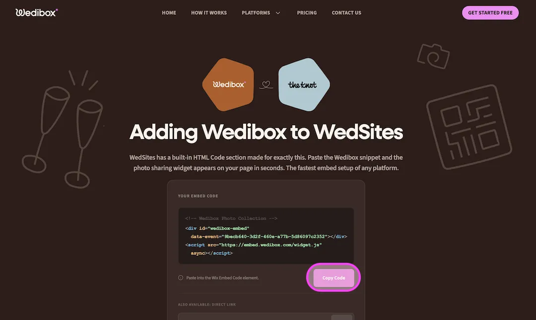 Wedibox dashboard showing your WedSites embed code with the Copy Code button highlighted