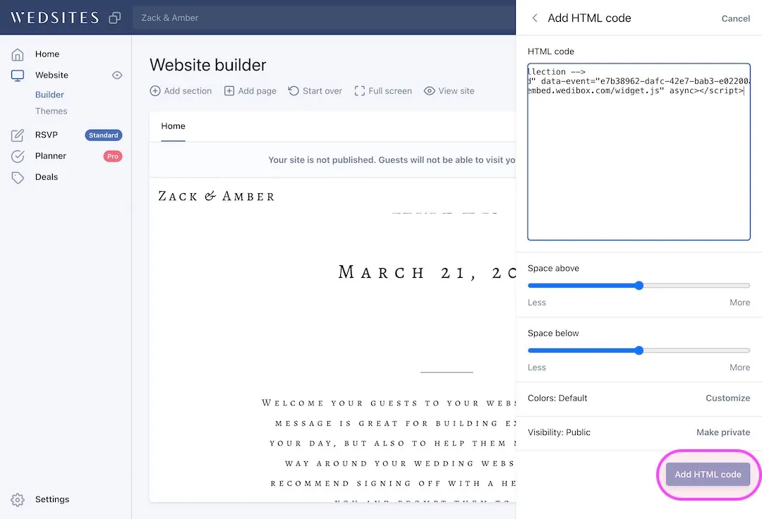 WedSites builder with a wedding website preview for Zack and Amber and the HTML code input panel on the right