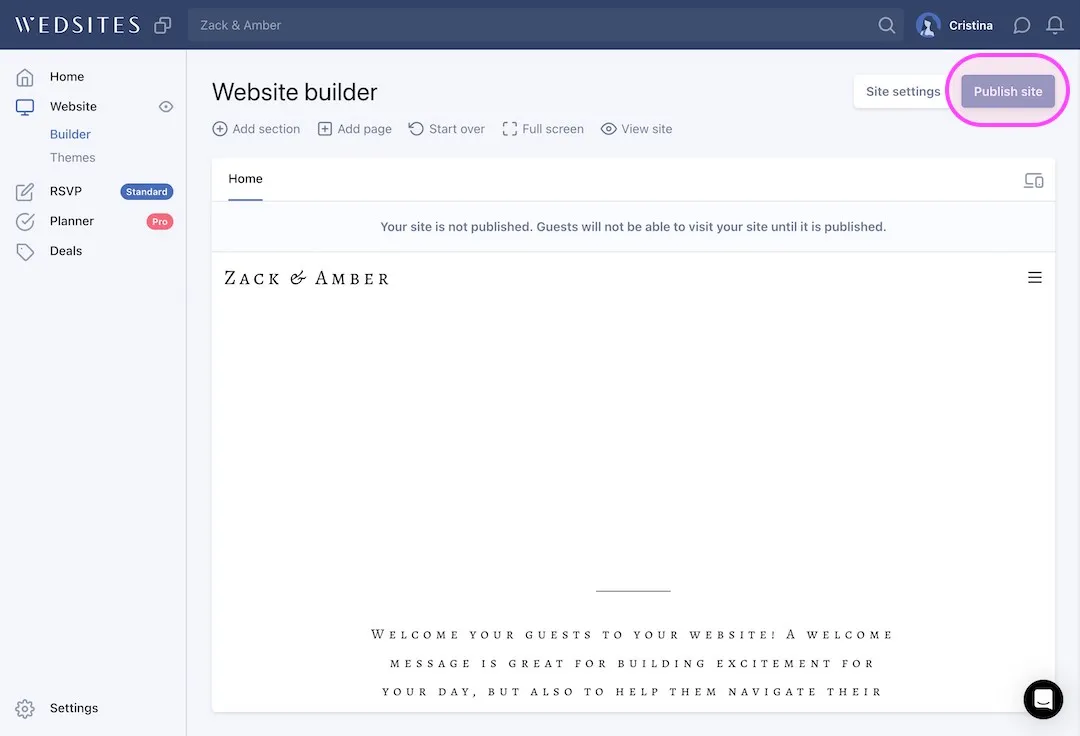 Step 6 in the WedSites editor: Publish and preview
