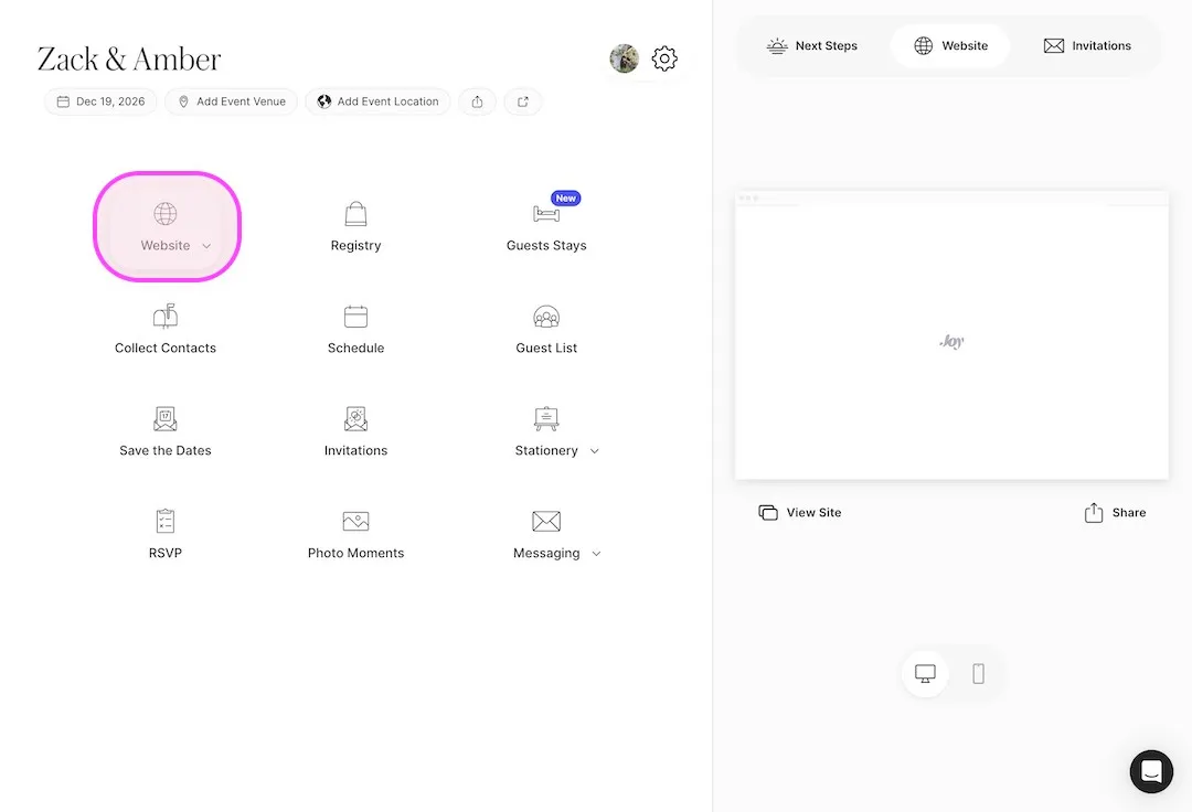 Joy dashboard for Zack and Amber with options including Website, Registry, Guest List, RSVP, and Photo Moments, and Website highlighted