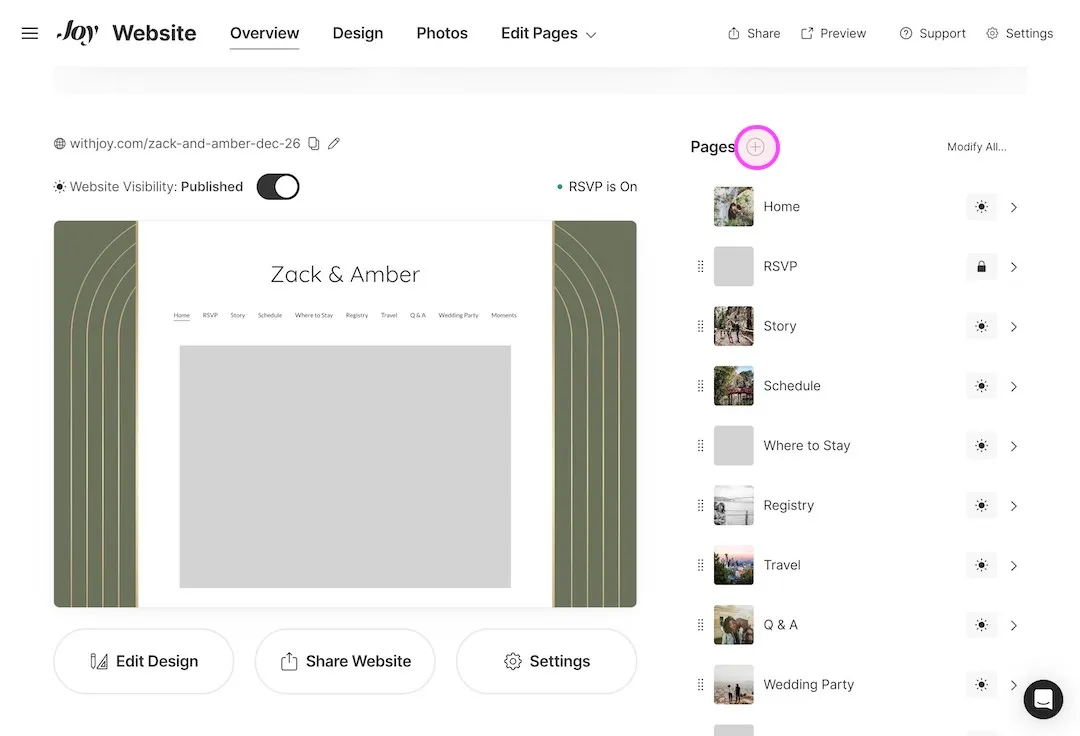 Joy website editor for Zack and Amber showing the page list with the add page button highlighted
