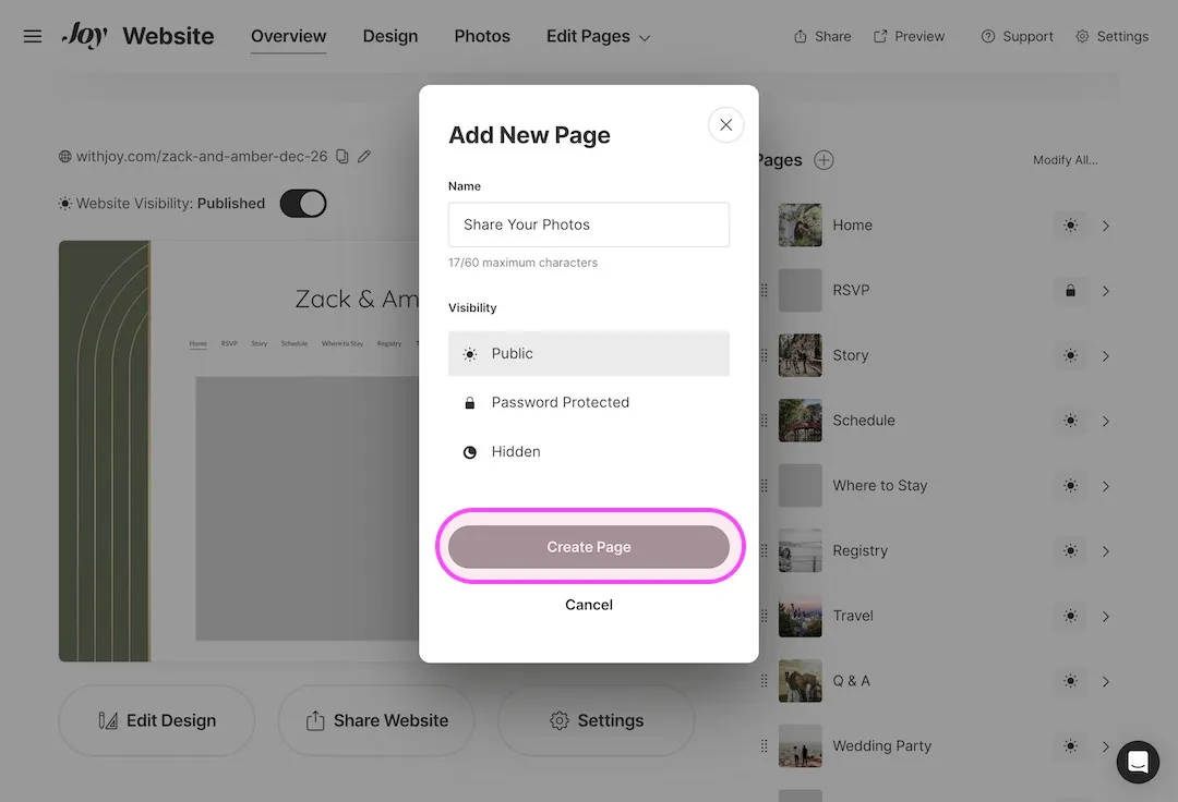 Add New Page popup in Joy named Share Your Photos with visibility options Public, Password Protected, and Hidden, and the Create Page button highlighted