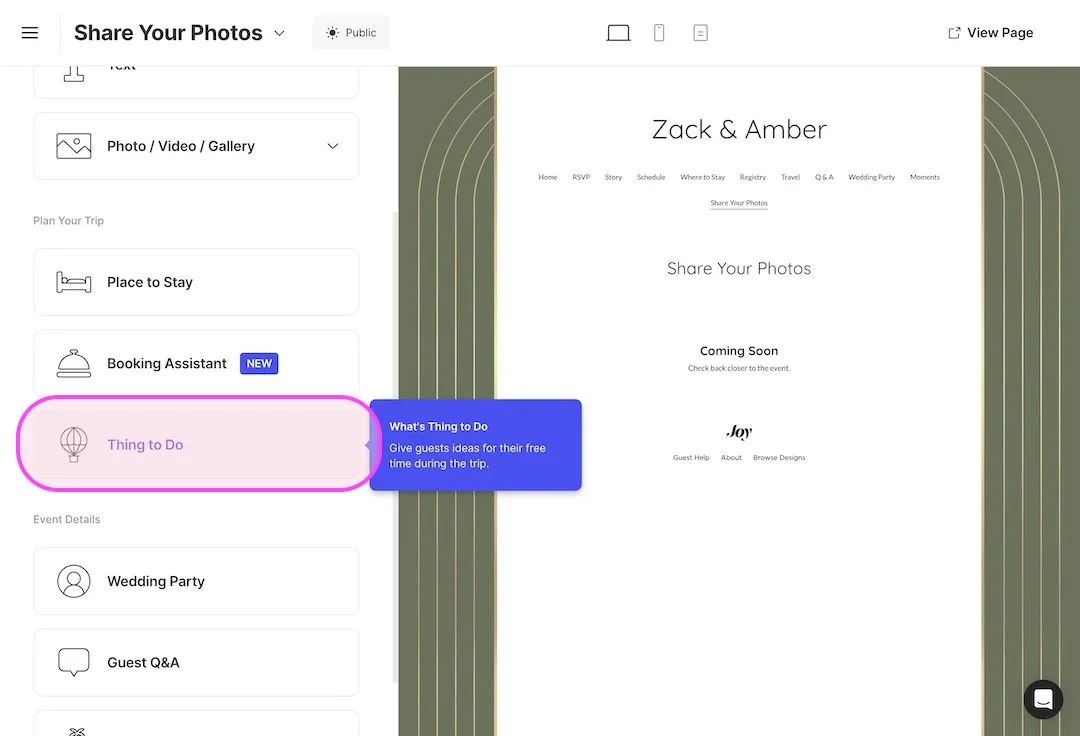Joy page editor for Share Your Photos with block options including Place to Stay, Booking Assistant, and Thing to Do, and Thing to Do highlighted
