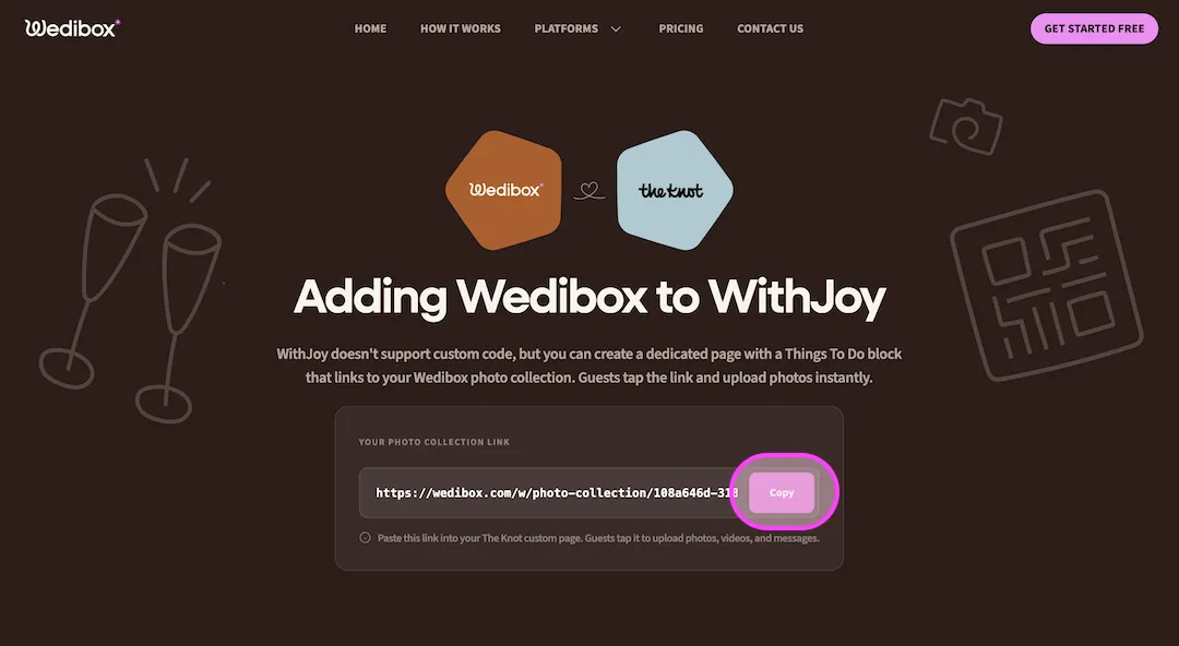 Wedibox dashboard showing your photo collection link with a Copy button