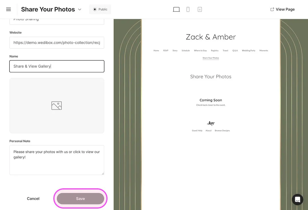 Step 7 in the WithJoy editor: Paste your link and save