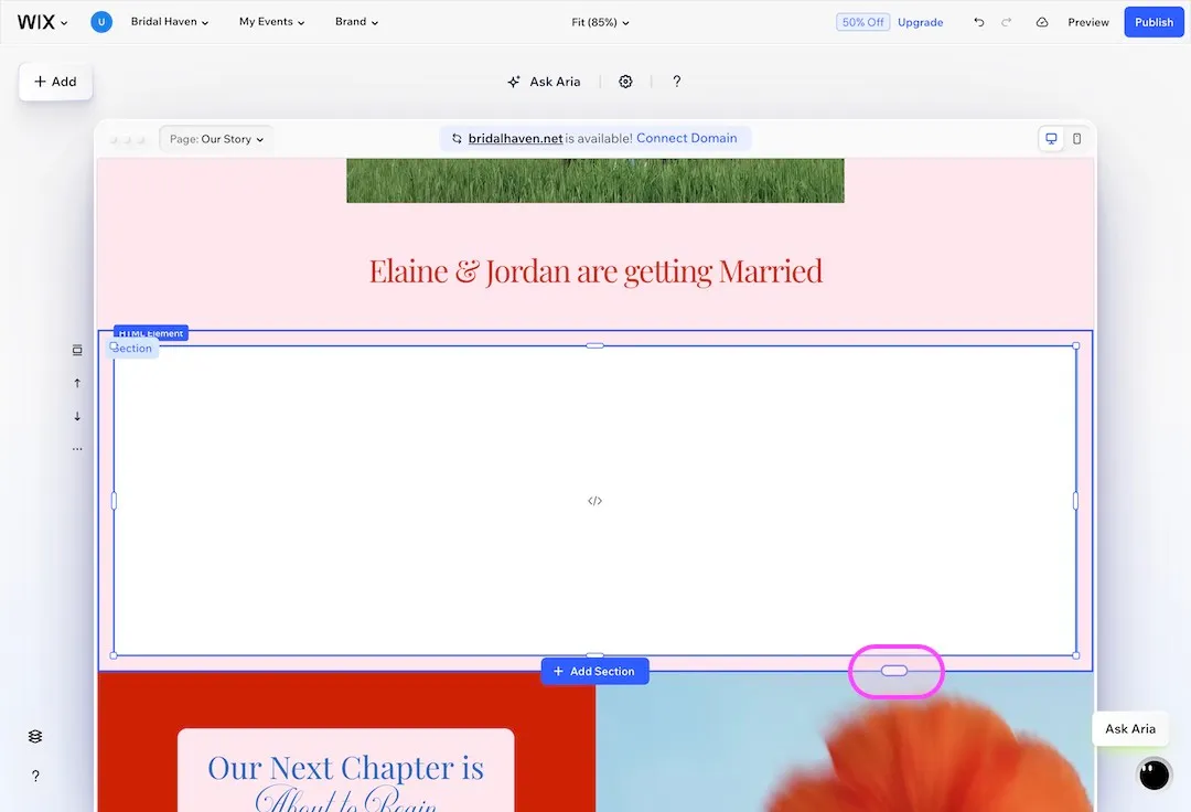 Éditeur Wix montrant un site de mariage avec le texte Elaine and Jordan are getting married et la nouvelle section en surbrillance