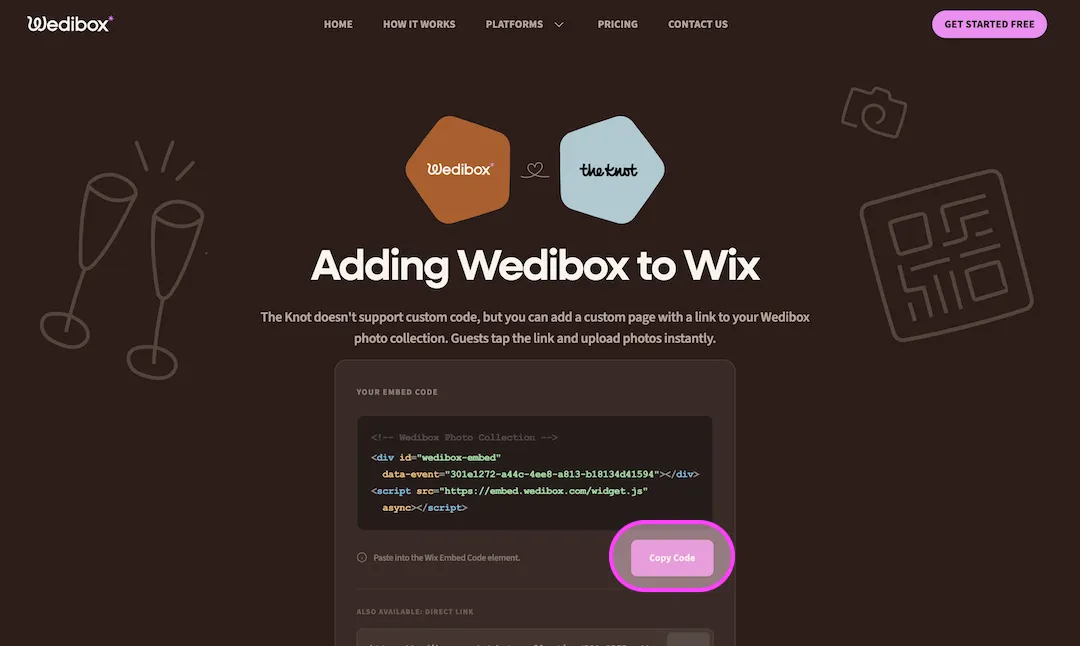 Tableau de bord Wedibox montrant votre code d'intégration Wix avec le bouton Copy Code en surbrillance