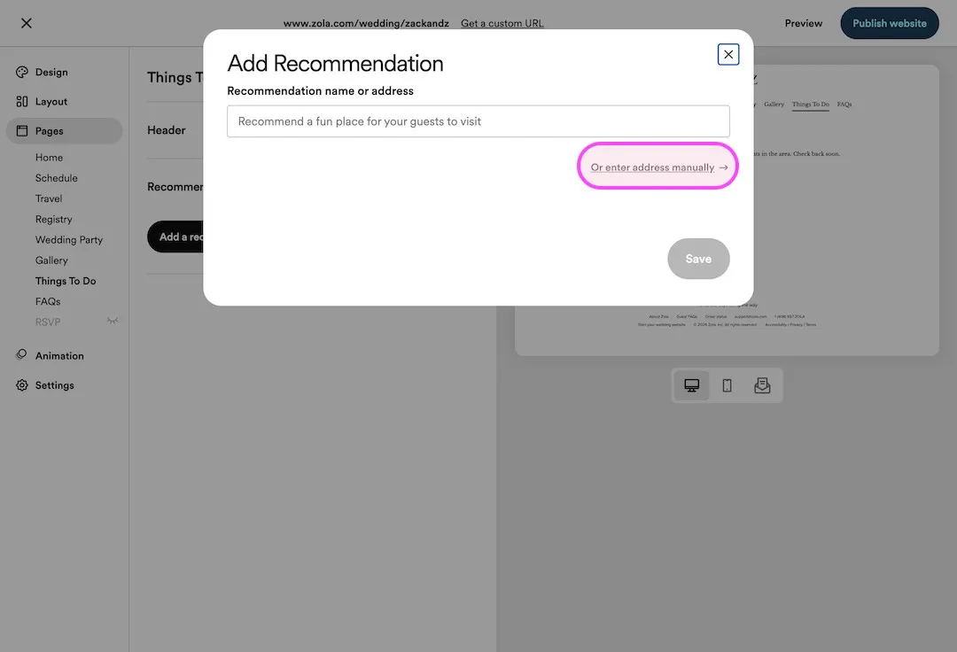 Add Recommendation popup in Zola with a field for the recommendation name or address and a link to enter the address manually