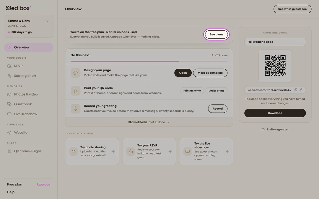 the Overview lifecycle banner with the See plans button highlighted