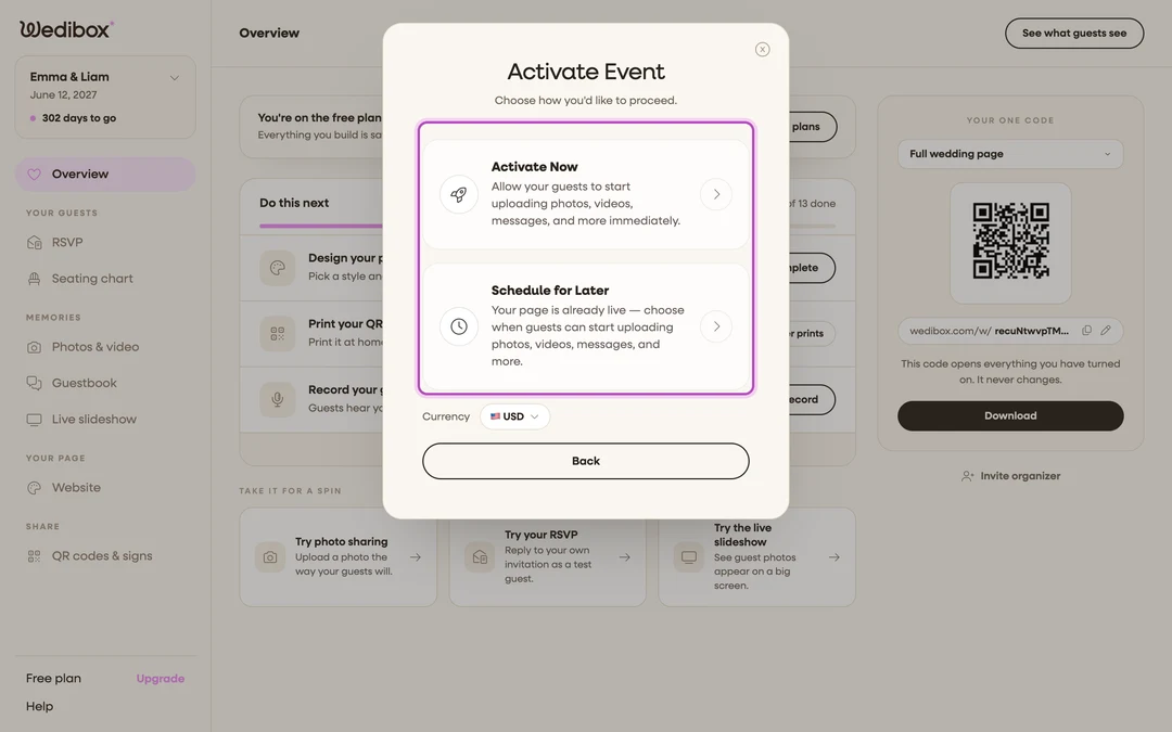 the Activate Event step with the Activate Now and Schedule for Later options visible