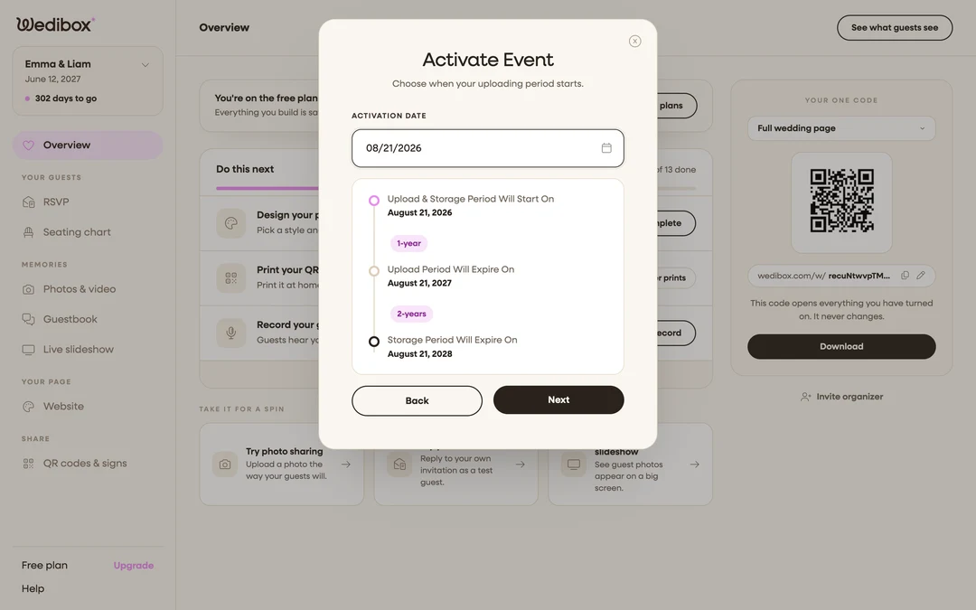 the date step with the Activation Date field filled and the three-point timeline visible below it