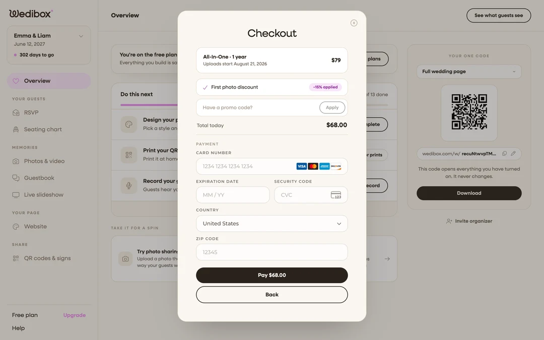 the Checkout step with the order summary, promo field, and Pay button visible