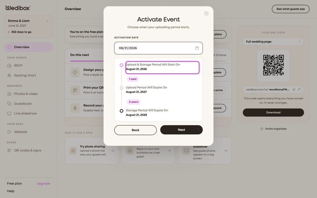 the activation date step with a date selected and the three-point timeline showing start, upload expiry, and storage expiry dates
