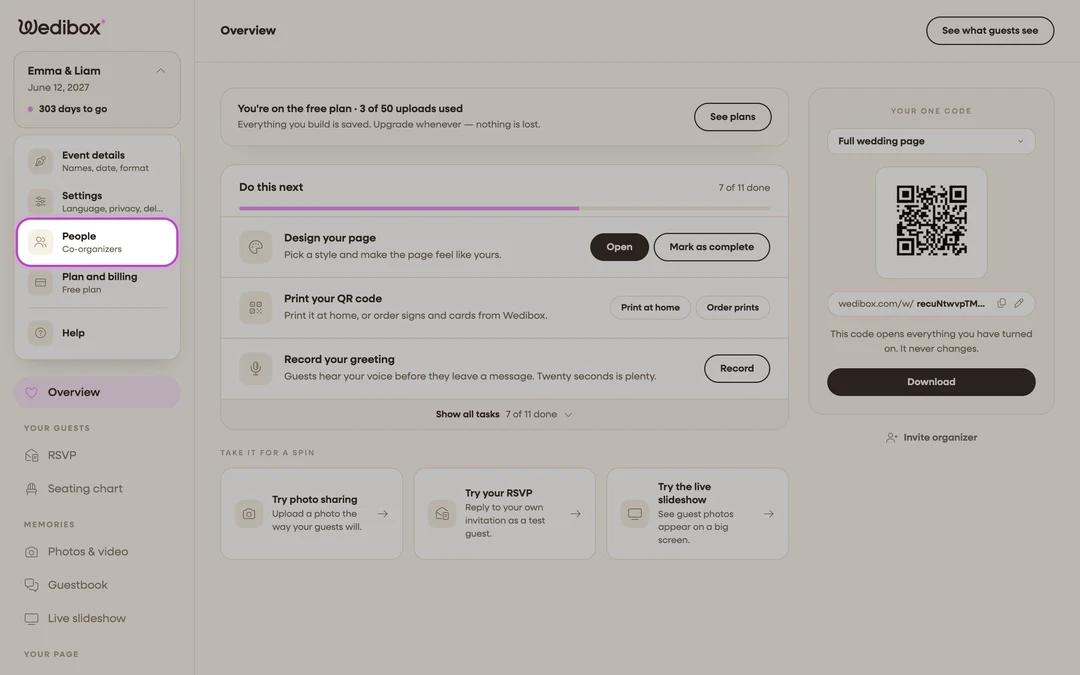 the sidebar event menu open, with People highlighted