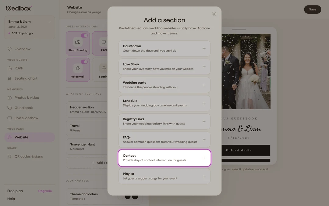 the Add a section picker with Contact highlighted