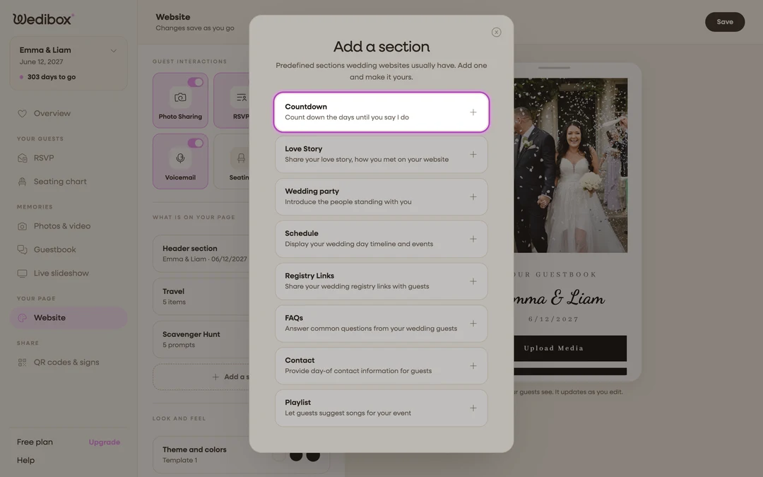 the Add a section picker with Countdown highlighted