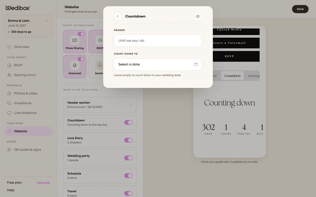 the Countdown editor with HEADER and the Count down to field visible