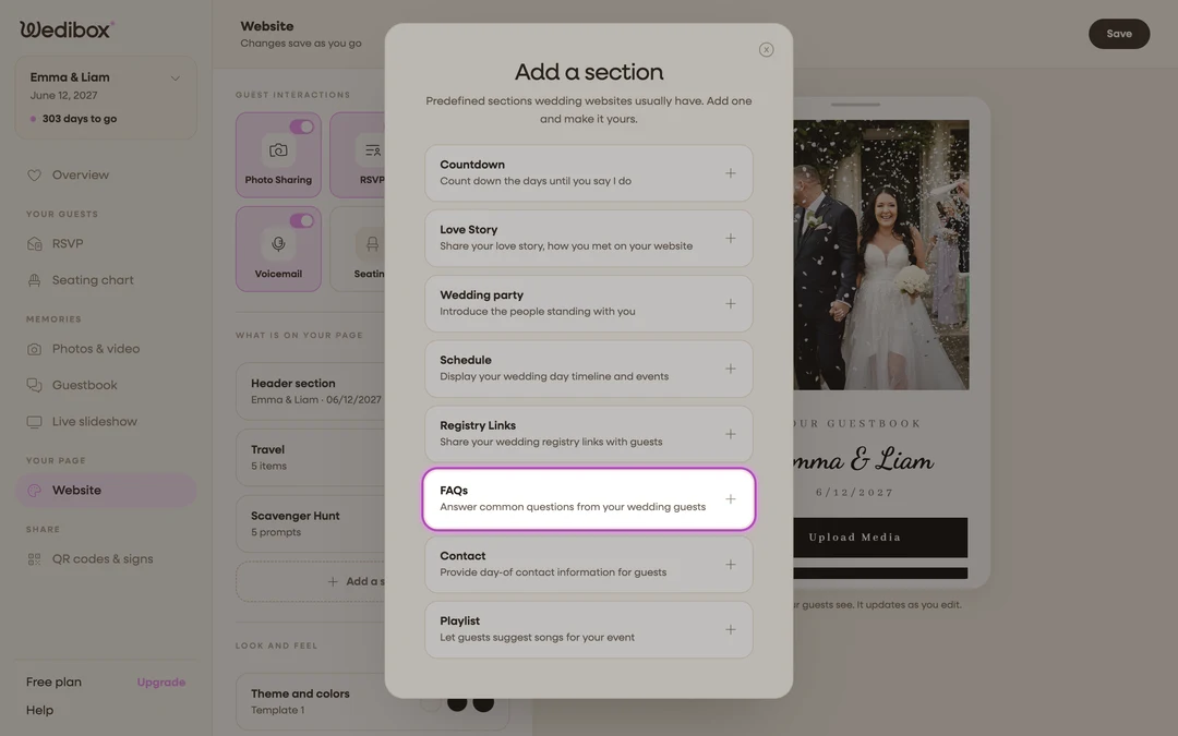 the Add a section picker with FAQs highlighted