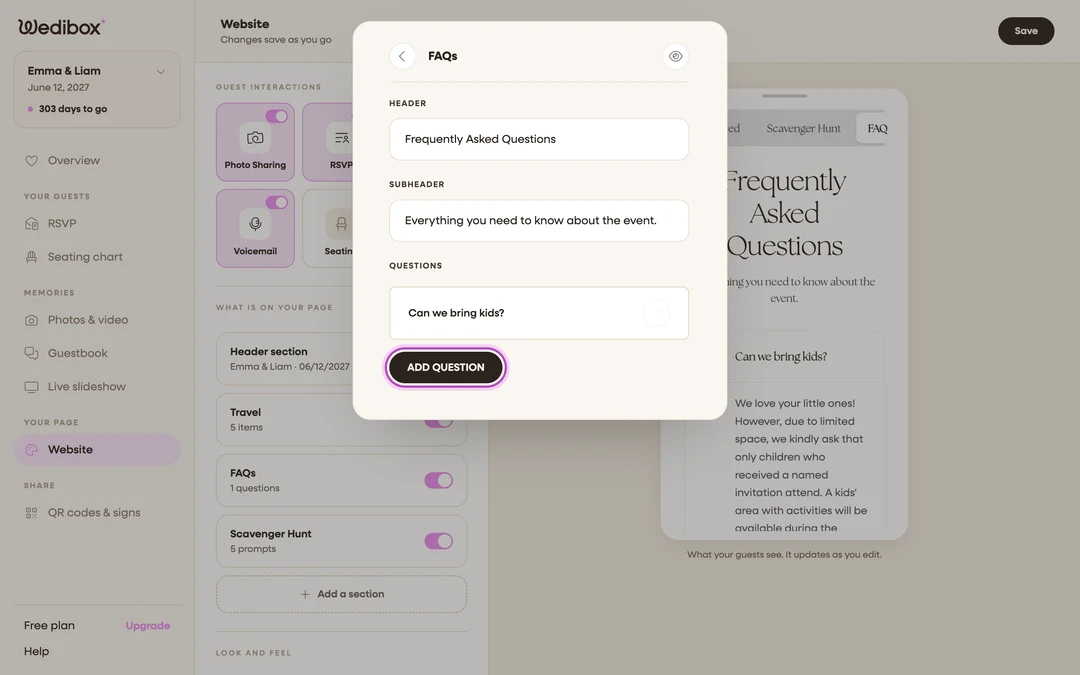 the QUESTIONS list with the ADD QUESTION button highlighted
