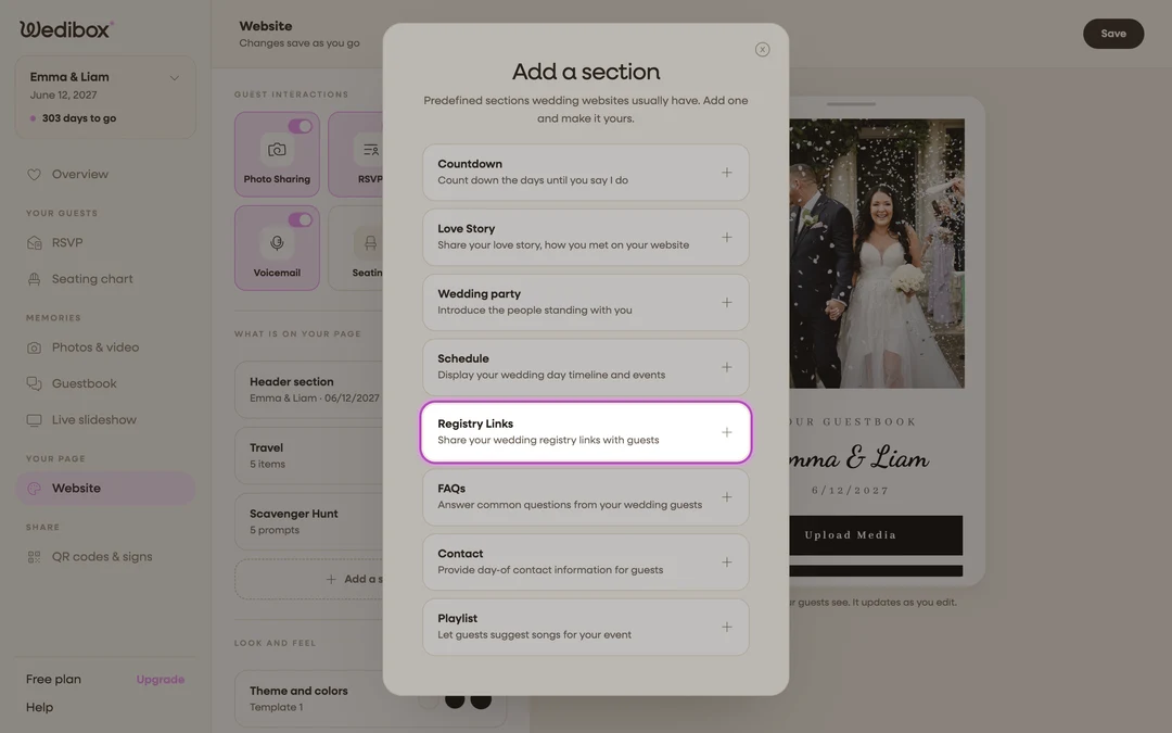 the Add a section picker with Registry Links highlighted